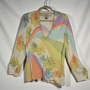 Sigrid Olsen Sport Floral Print Sweater Women XL Sequin Embellished Long Sleeve